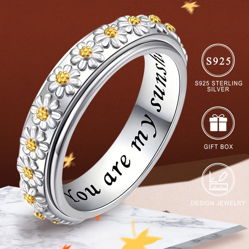 925 Silvery Women's Floral Ring 'You Are My Sunshine'