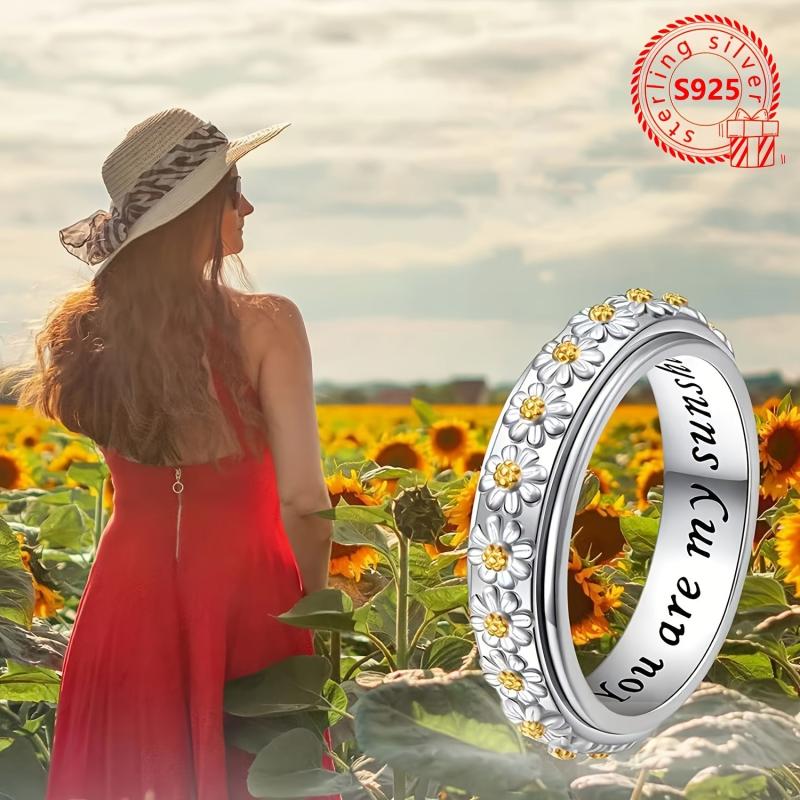 925 Silvery Women's Floral Ring 'You Are My Sunshine'