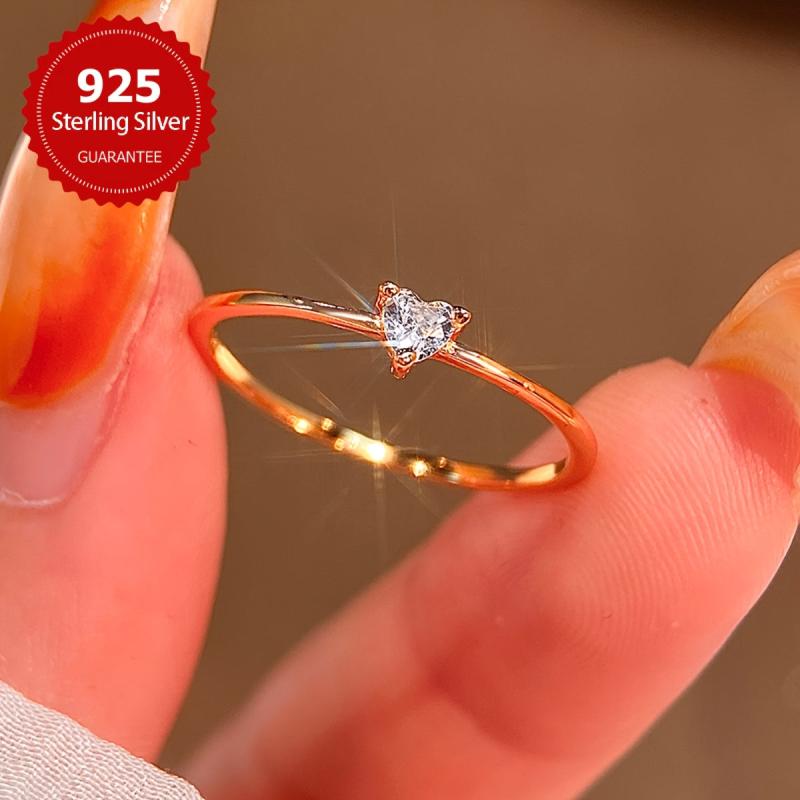 S925 Sterling Silver Heart Ring 18K Golden Plated CZ Jewelry for Women
