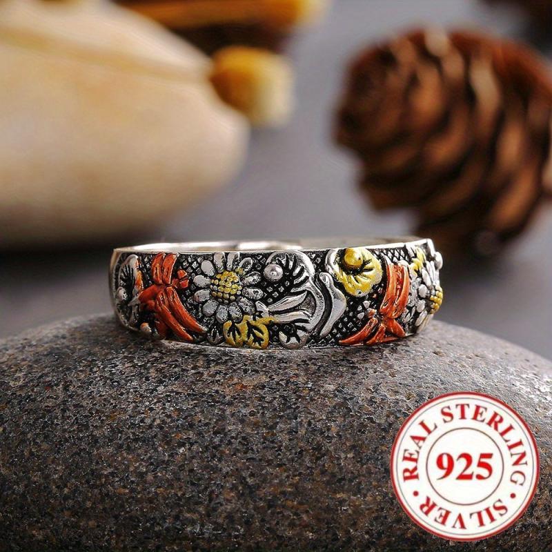 925 Silver Dragonfly Sunflower Ring Vintage Women's Anniversary