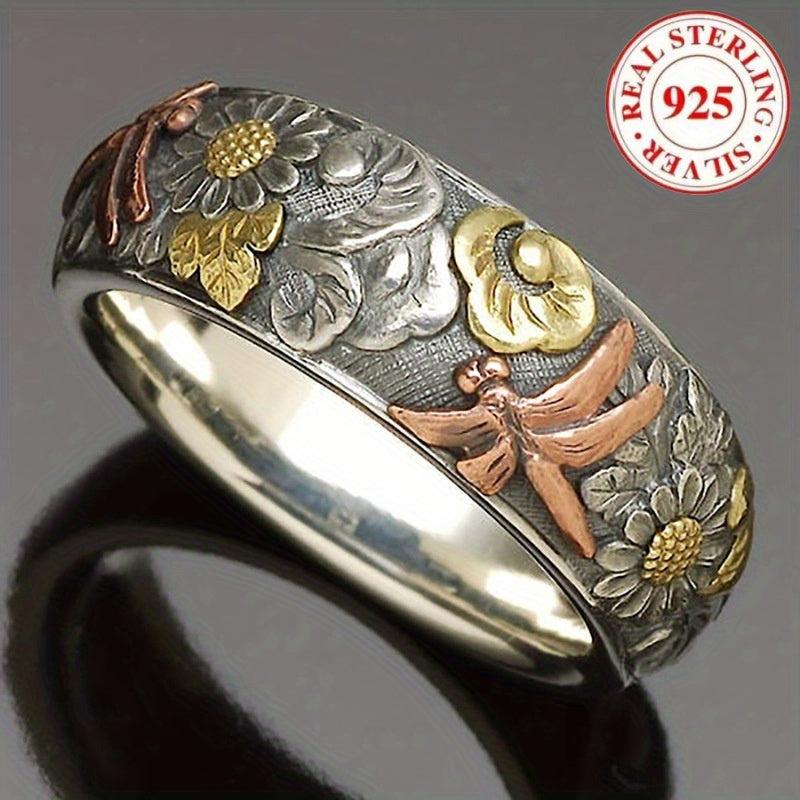 925 Silver Dragonfly Sunflower Ring Vintage Women's Anniversary