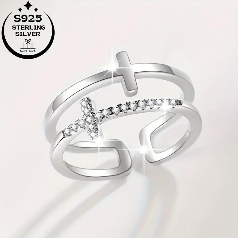 925 Silver Double Line Cross Ring for Women Adjustable CZ Ideal for Birthdays
