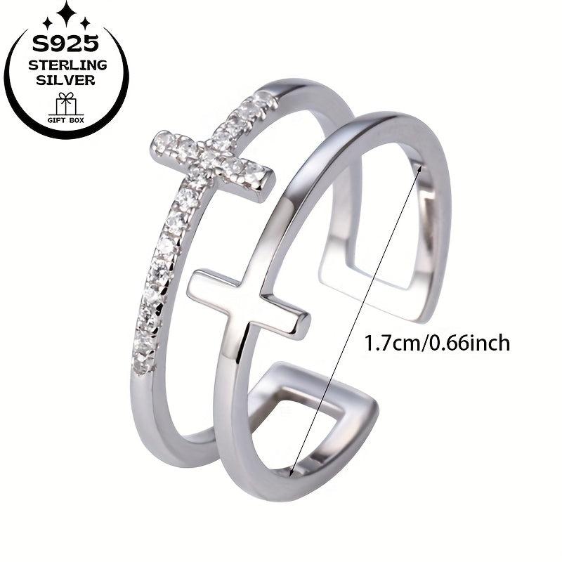 925 Silver Double Line Cross Ring for Women Adjustable CZ Ideal for Birthdays