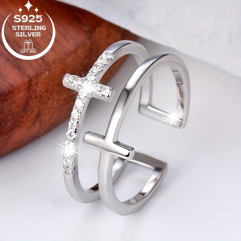 925 Silver Double Line Cross Ring for Women Adjustable CZ Ideal for Birthdays