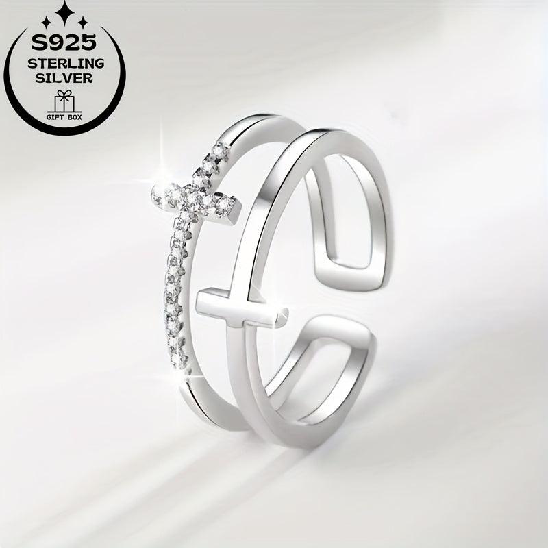 925 Silver Double Line Cross Ring for Women Adjustable CZ Ideal for Birthdays