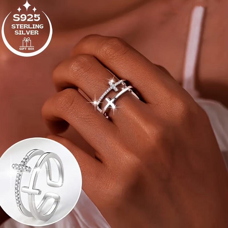 925 Silver Double Line Cross Ring for Women Adjustable CZ Ideal for Birthdays