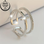 925 Silver Double Line Cross Ring for Women Adjustable CZ Ideal for Birthdays