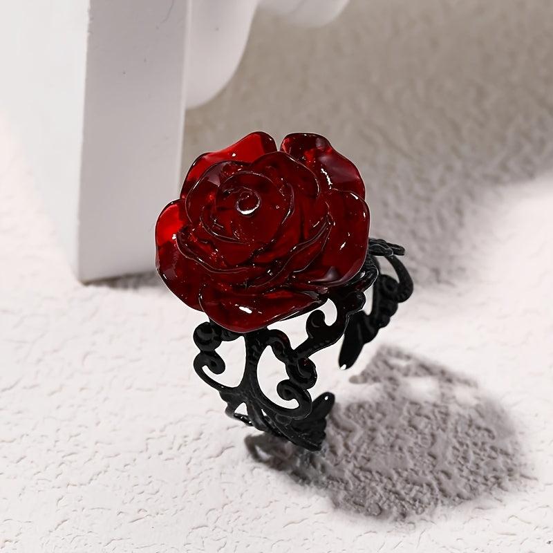 Adjustable Gothic Metal Rose Ring with Red Resin - Everyday Wearable Gift