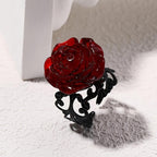 Adjustable Gothic Metal Rose Ring with Red Resin - Everyday Wearable Gift