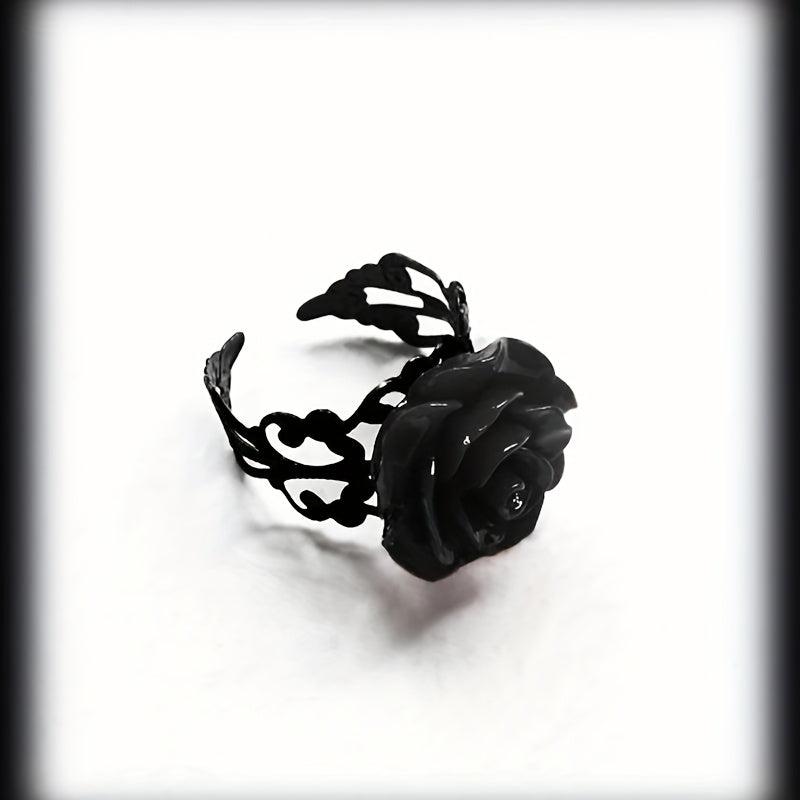 Adjustable Gothic Metal Rose Ring with Red Resin - Everyday Wearable Gift