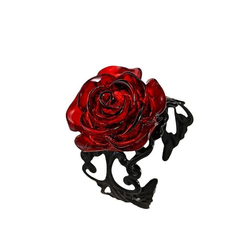 Adjustable Gothic Metal Rose Ring with Red Resin - Everyday Wearable Gift