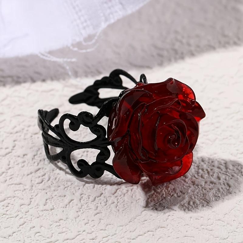 Adjustable Gothic Metal Rose Ring with Red Resin - Everyday Wearable Gift