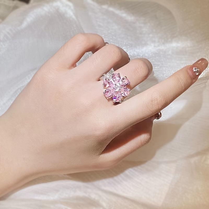 Pink Zirconia Flower Ring, Gold Plated Jewelry