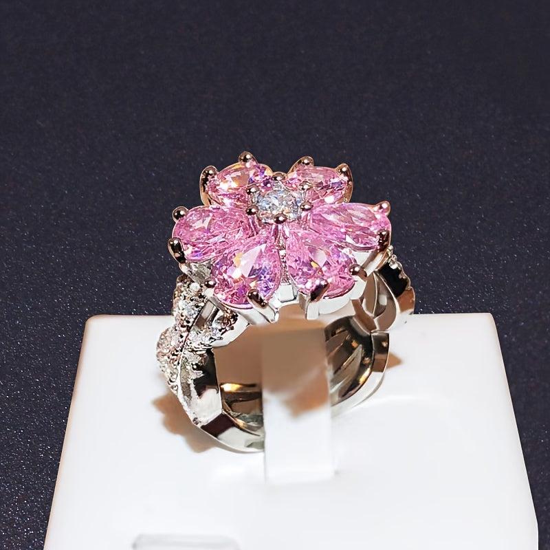Pink Zirconia Flower Ring, Gold Plated Jewelry