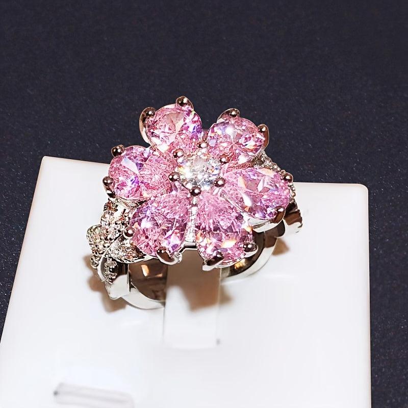 Pink Zirconia Flower Ring, Gold Plated Jewelry