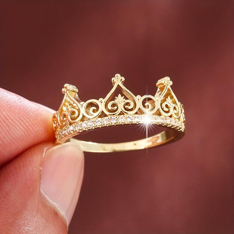 Heart Crown Ring with Zirconia Stones Golden Plated