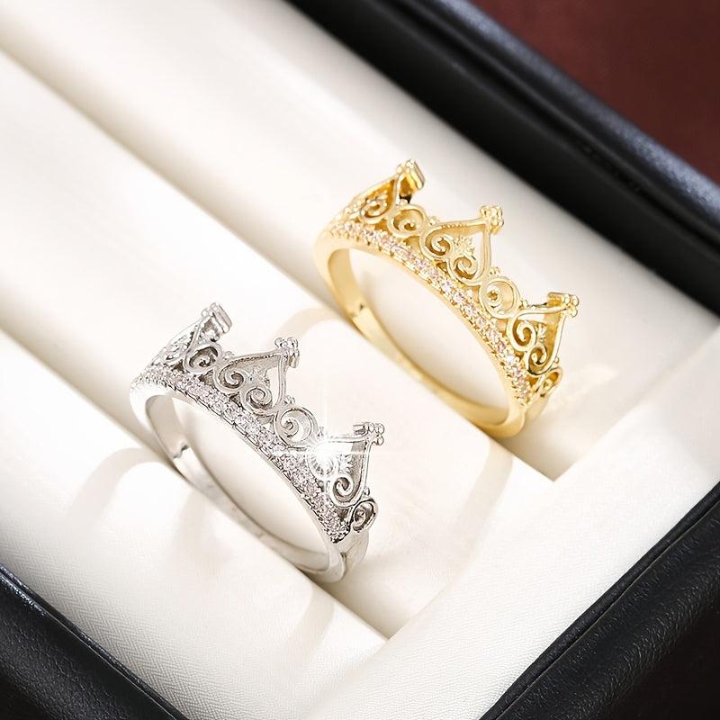 Heart Crown Ring with Zirconia Stones Golden Plated
