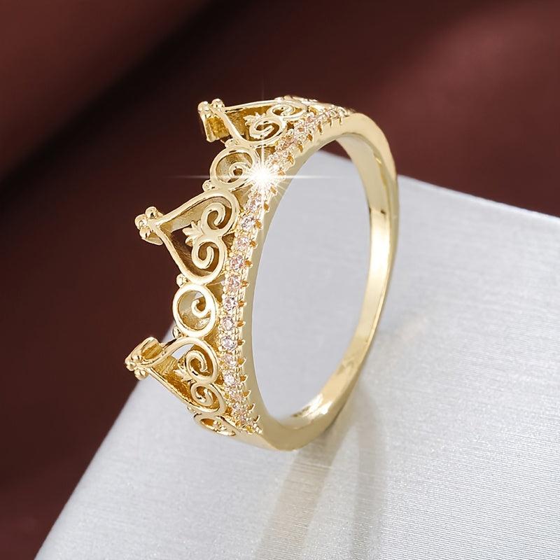 Heart Crown Ring with Zirconia Stones Golden Plated