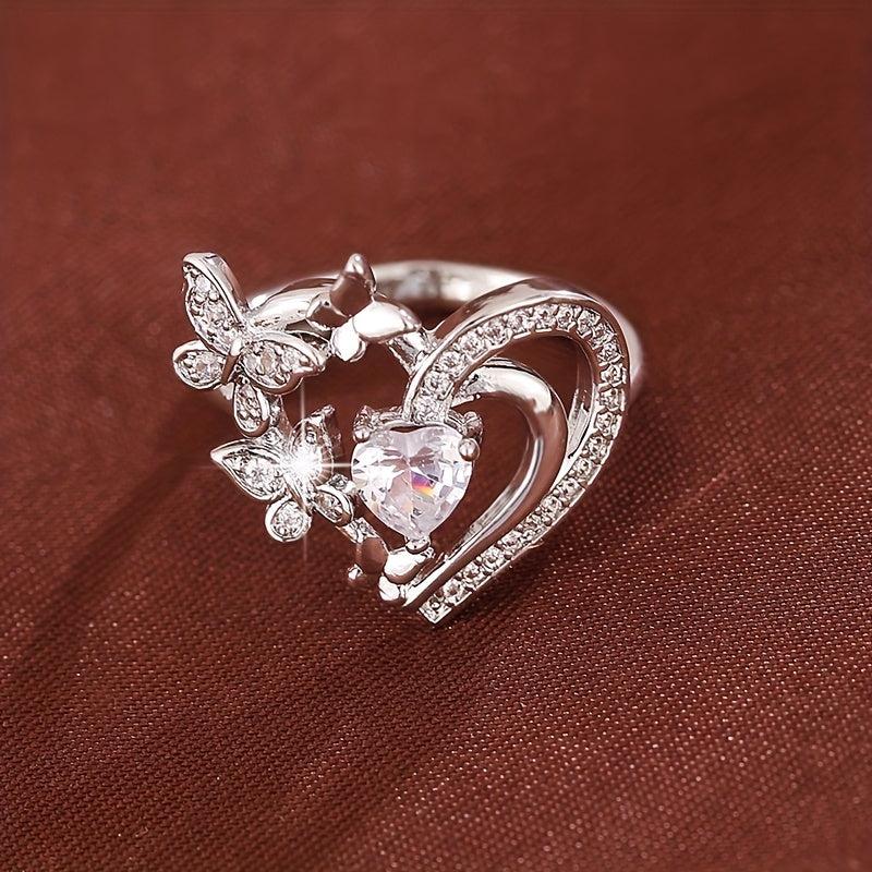 Golden Plated Double Butterfly Heart Ring with Pink Cubic Zirconia