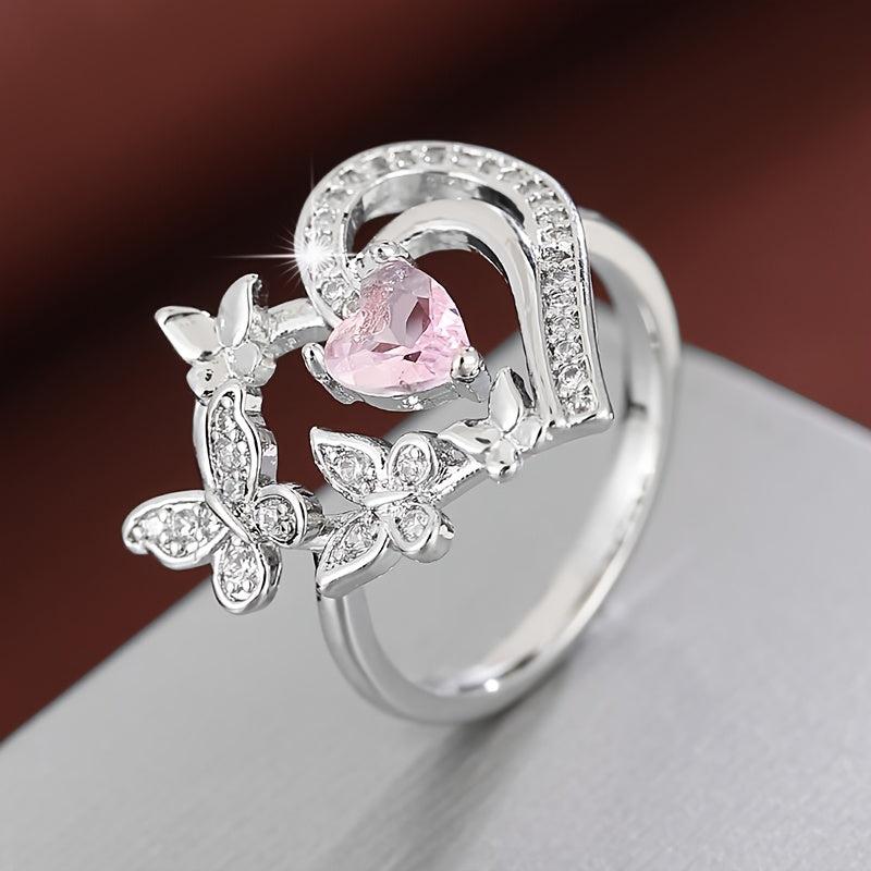 Golden Plated Double Butterfly Heart Ring with Pink Cubic Zirconia