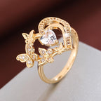 Golden Plated Double Butterfly Heart Ring with Pink Cubic Zirconia