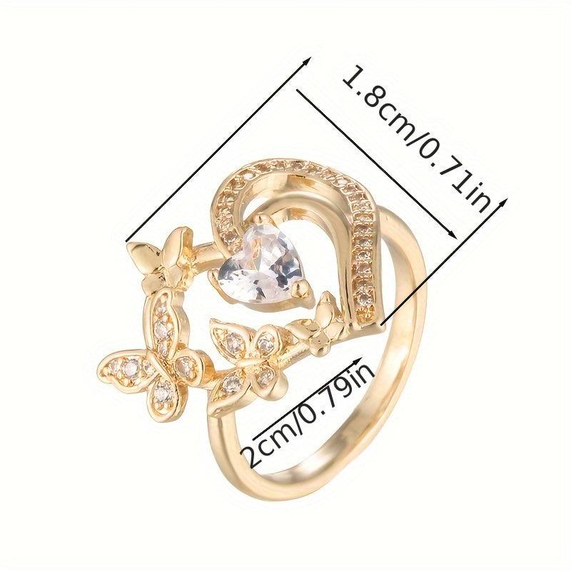 Golden Plated Double Butterfly Heart Ring with Pink Cubic Zirconia