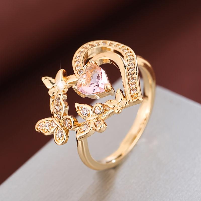 Golden Plated Double Butterfly Heart Ring with Pink Cubic Zirconia