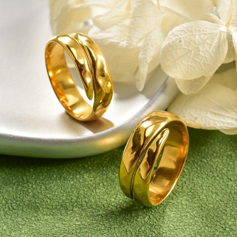 Adjustable Wide Band Geometric Ring Stainless Steel Golden Finish