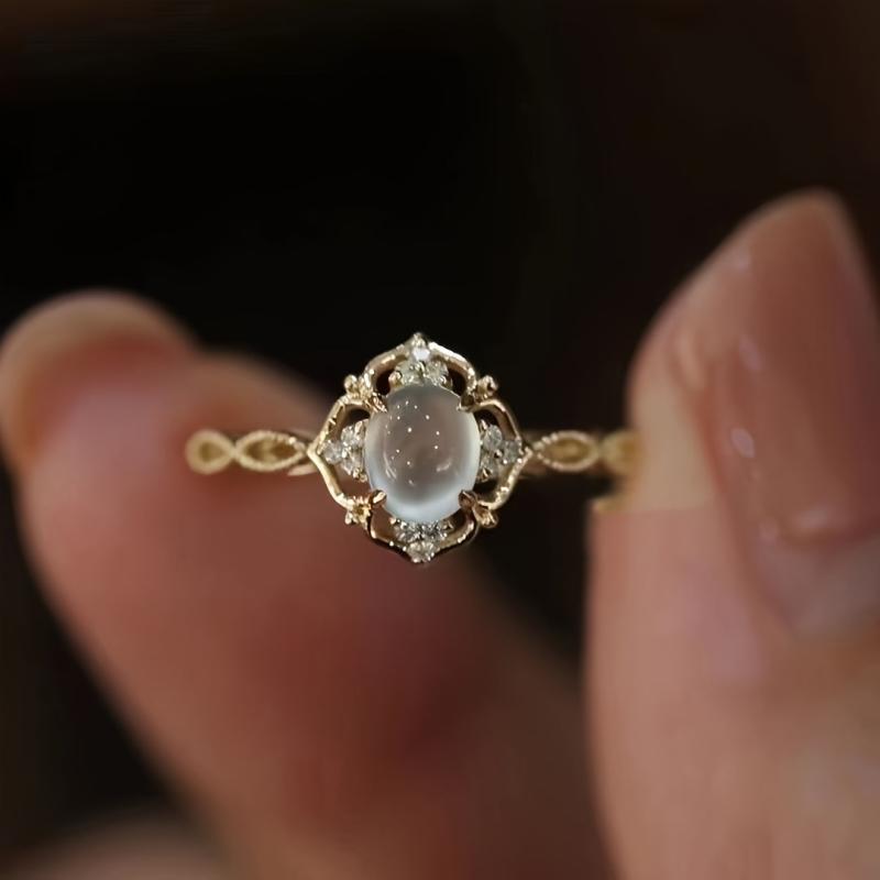 Moonstone Engagement Ring Golden Tone Sparkling Accents