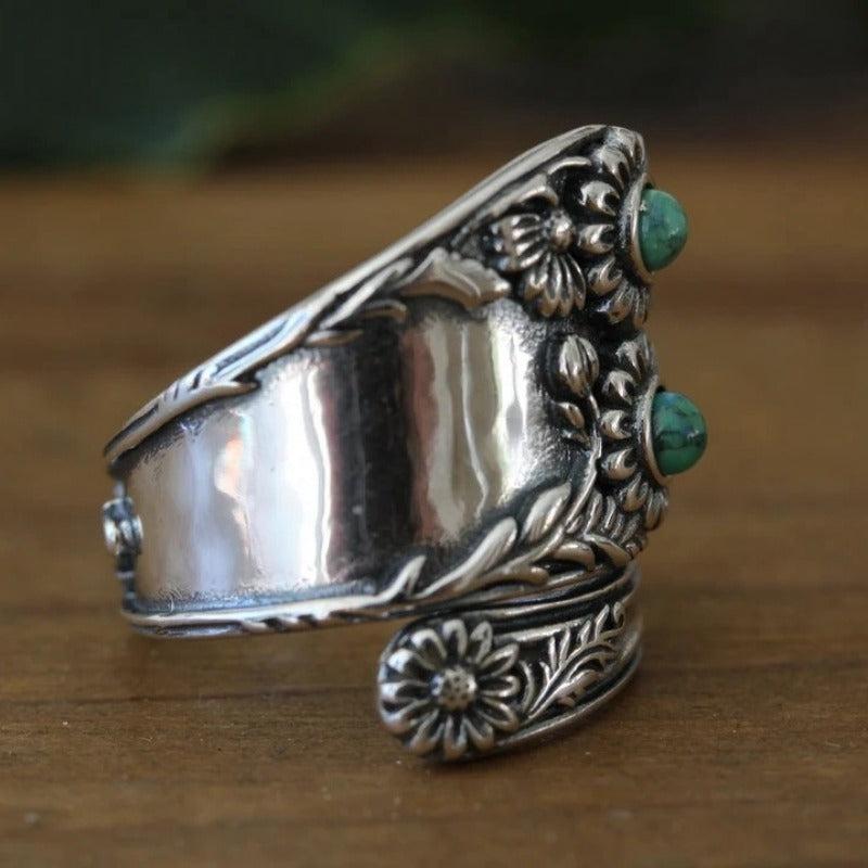 Boho Copper Spoon Ring with Turquoise Mosaic Floral - Daily Wear Gift
