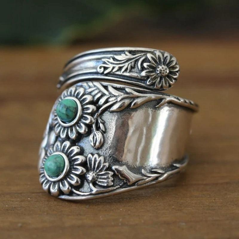 Boho Copper Spoon Ring with Turquoise Mosaic Floral - Daily Wear Gift