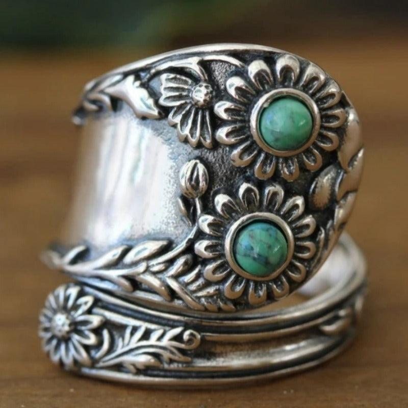 Boho Copper Spoon Ring with Turquoise Mosaic Floral - Daily Wear Gift