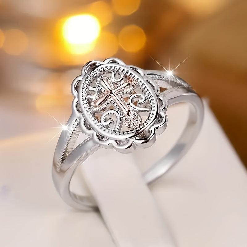 Women's Cross Pendant Ring with Crystals Vintage Copper Jewelry