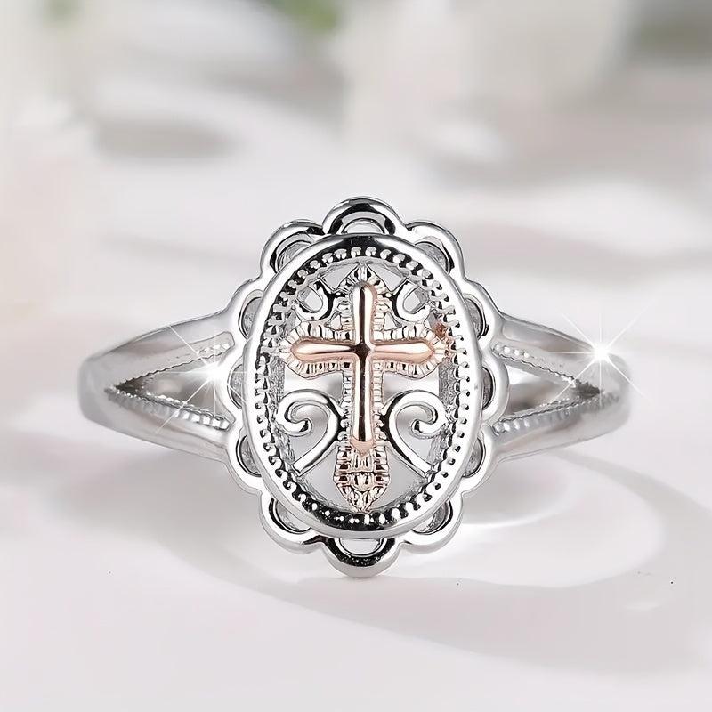 Women's Cross Pendant Ring with Crystals Vintage Copper Jewelry