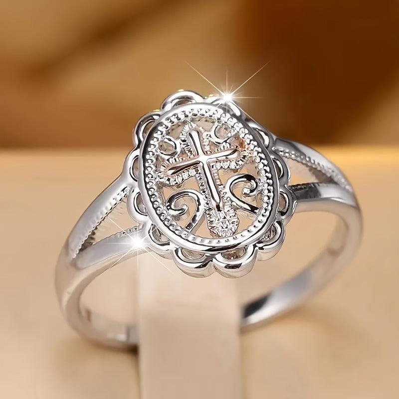 Women's Cross Pendant Ring with Crystals Vintage Copper Jewelry