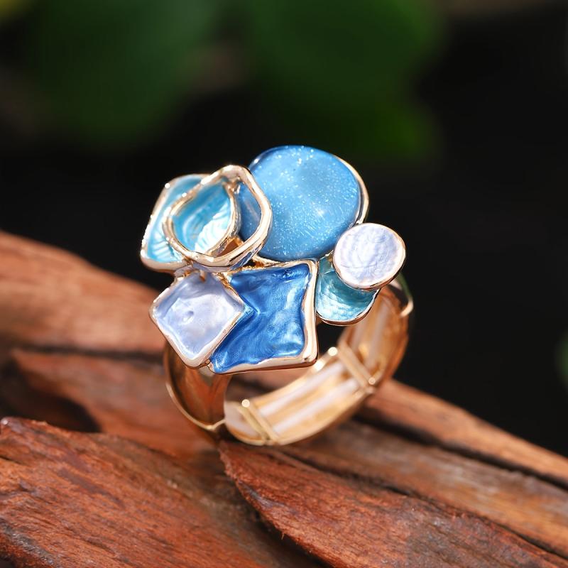 Bohemian Style Geometric Ring Golden Plated Enamel Elastic Spring Summer