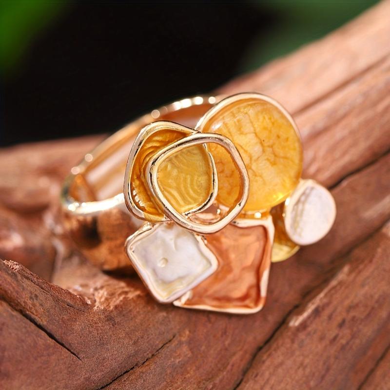 Bohemian Style Geometric Ring Golden Plated Enamel Elastic Spring Summer