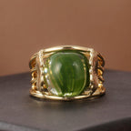 Bohemian Green Zirconia Ring Geometric Accents Golden Tone
