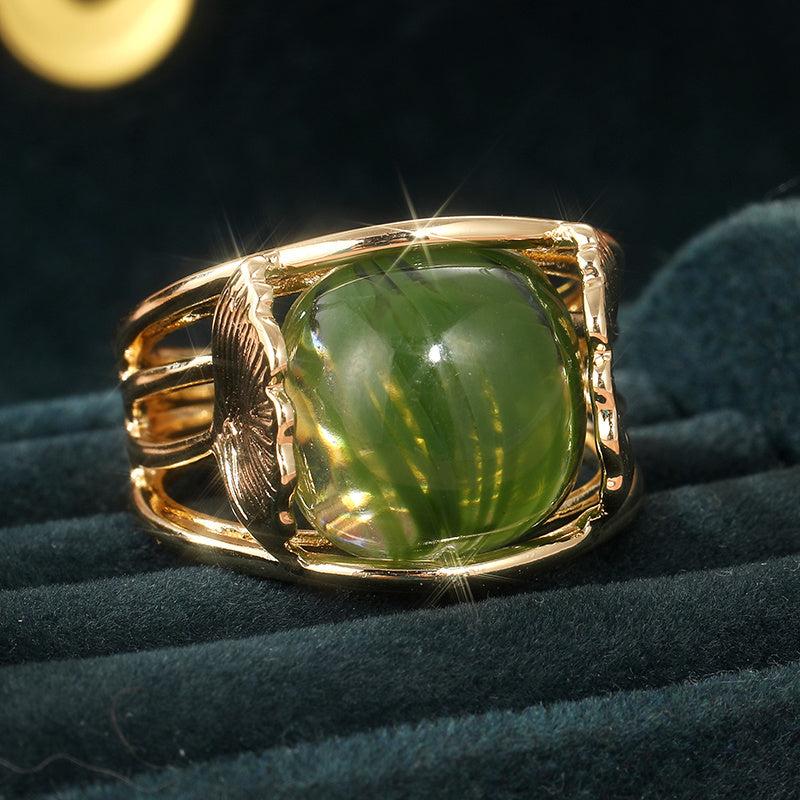 Bohemian Green Zirconia Ring Geometric Accents Golden Tone