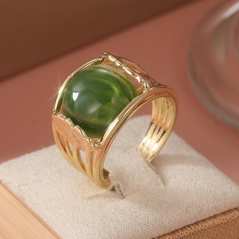 Bohemian Green Zirconia Ring Geometric Accents Golden Tone