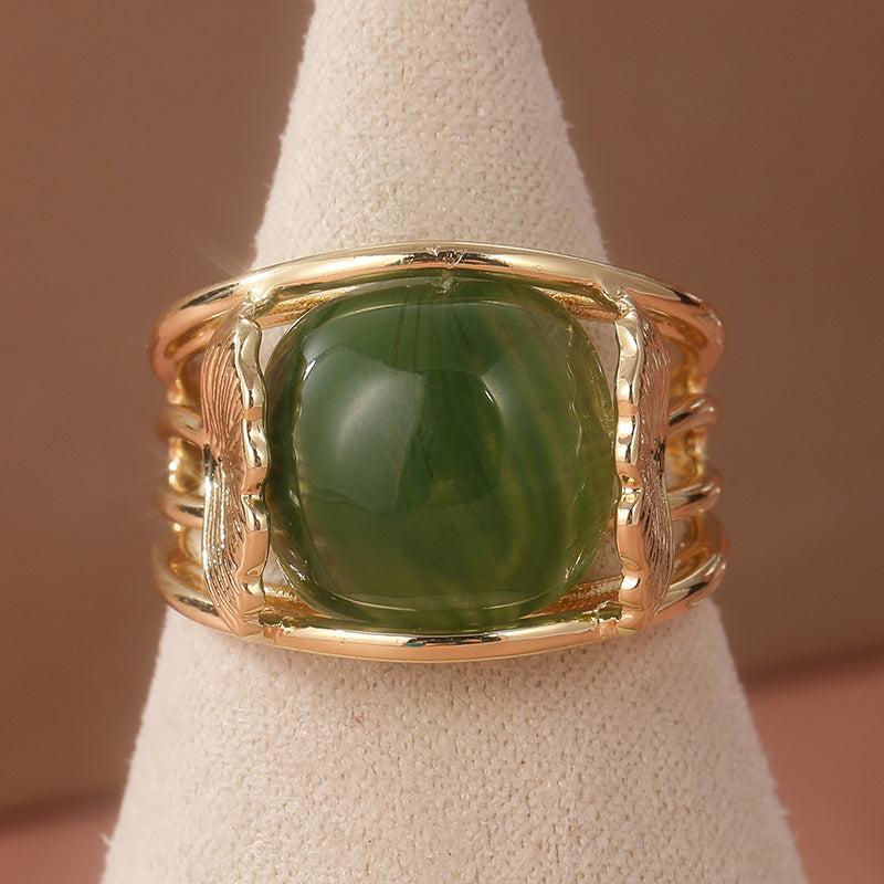 Bohemian Green Zirconia Ring Geometric Accents Golden Tone