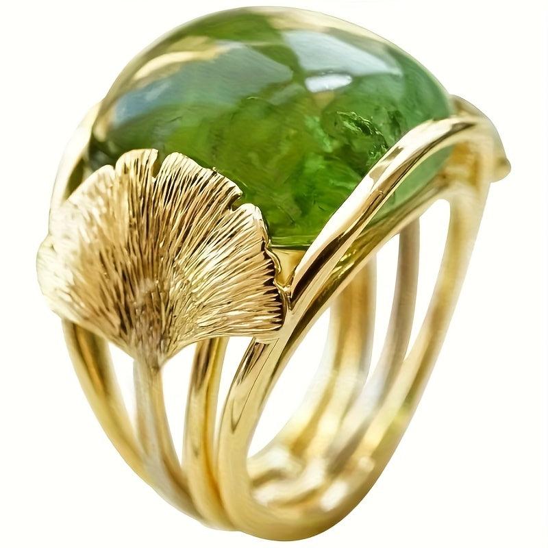 Bohemian Green Zirconia Ring Geometric Accents Golden Tone