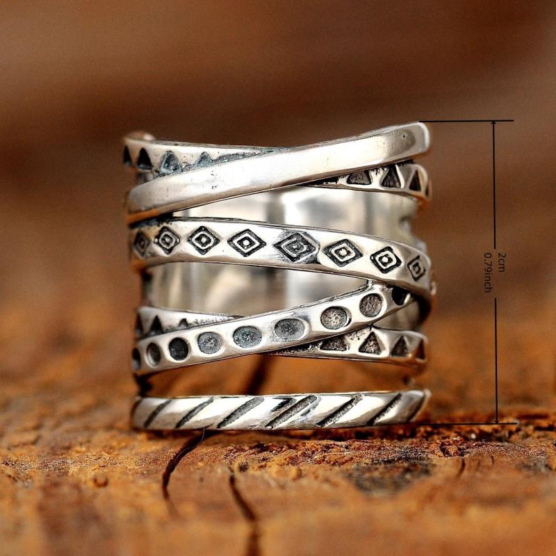 Wide Band Ring Geometric Pattern Engraved Lines Unisex Party Jewelry