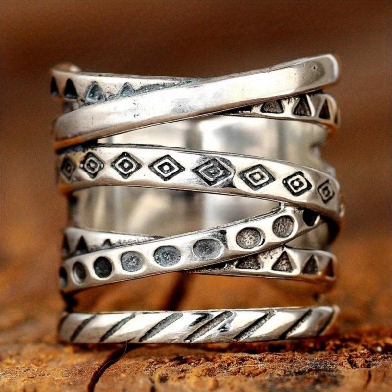 Wide Band Ring Geometric Pattern Engraved Lines Unisex Party Jewelry