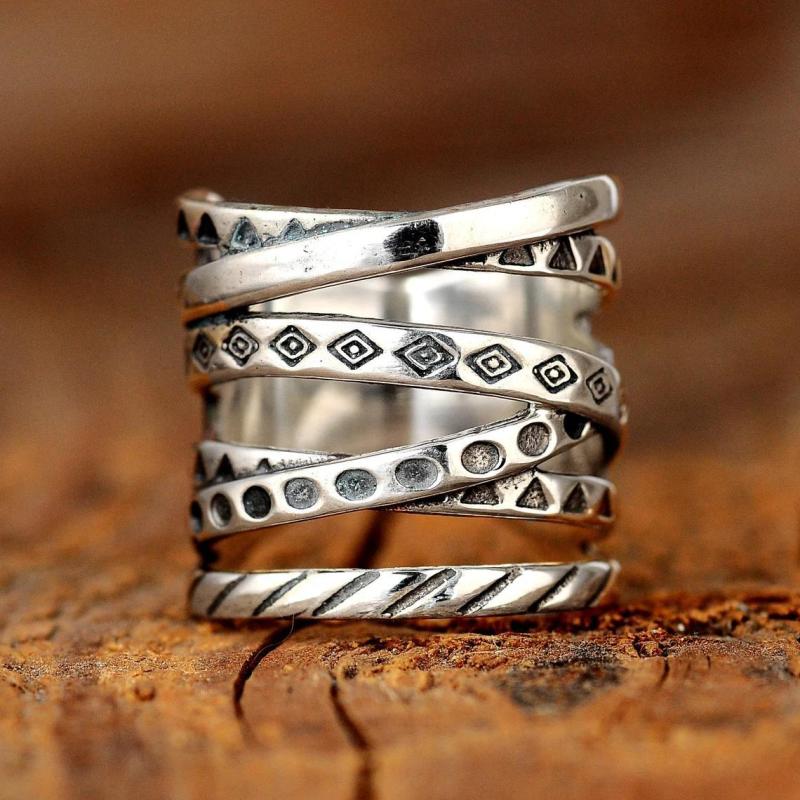 Wide Band Ring Geometric Pattern Engraved Lines Unisex Party Jewelry