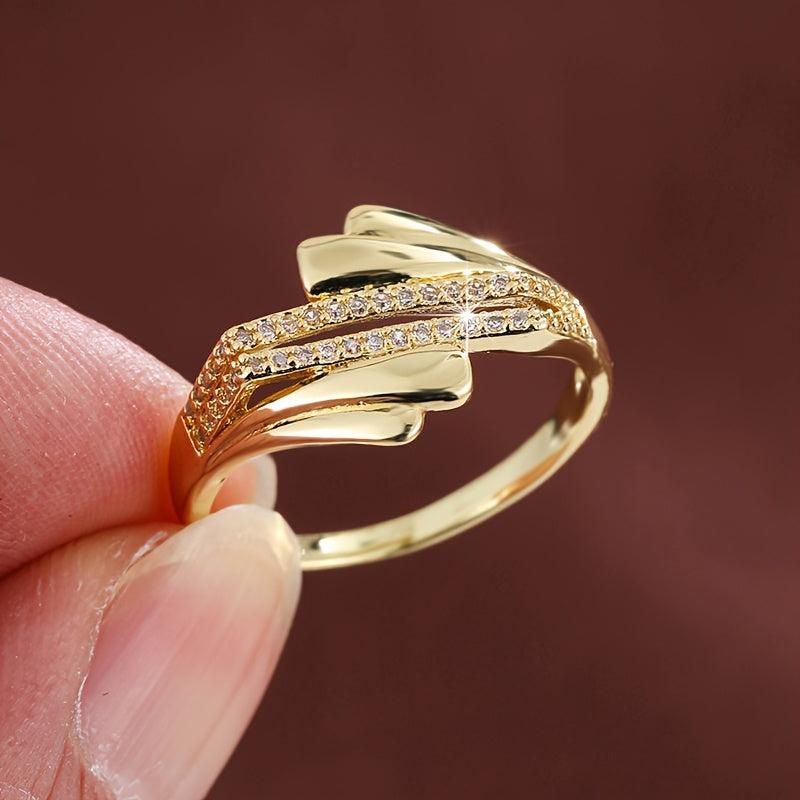 Minimalist Women's Wide Band Ring with Zirconia Stones Golden Plated