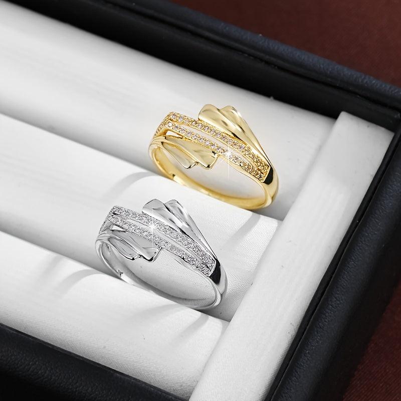Minimalist Women's Wide Band Ring with Zirconia Stones Golden Plated