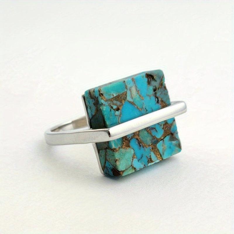 Turquoise Stone Vintage Cube Ring Copper Band