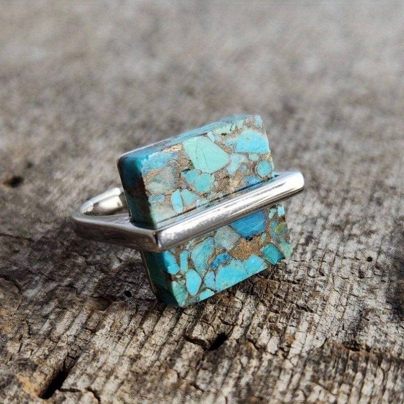 Turquoise Stone Vintage Cube Ring Copper Band