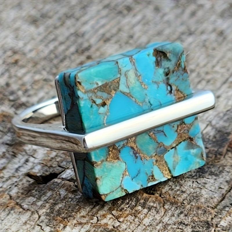 Turquoise Stone Vintage Cube Ring Copper Band